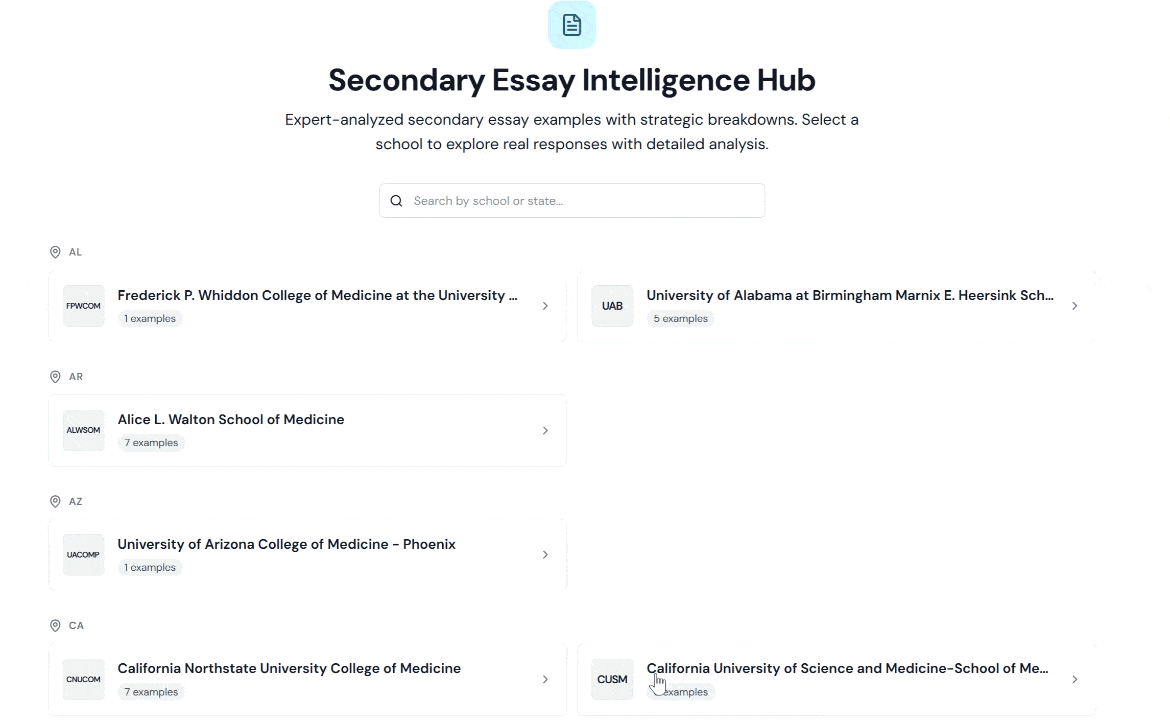 Animated preview of the HAIQ Secondary Essay Hub interface, including school-organized prompts and example essays.